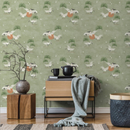 PAPEL PINTADO GRULLAS VERDE